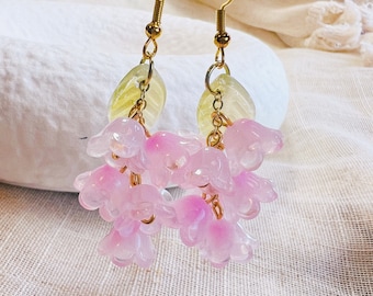 Handmade Creative Pink Floral Earring -Grape Earring -Cottage Earring -Dangle Earring-Glass Earring-Kawaii Earring-Daisy Earring-Gift To Her