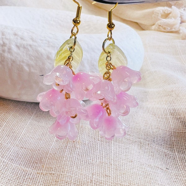 Handmade Creative Pink Floral Earring -Grape Earring -Cottage Earring -Dangle Earring-Glass Earring-Kawaii Earring-Daisy Earring-Gift To Her