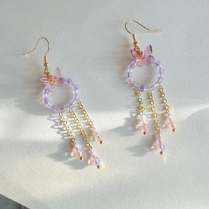 Handmade Purple Butterfly Earring Purple Crystal Earring Fairy Earring Creative Earring Kawaii Earring Purple Dangle Earring image 2
