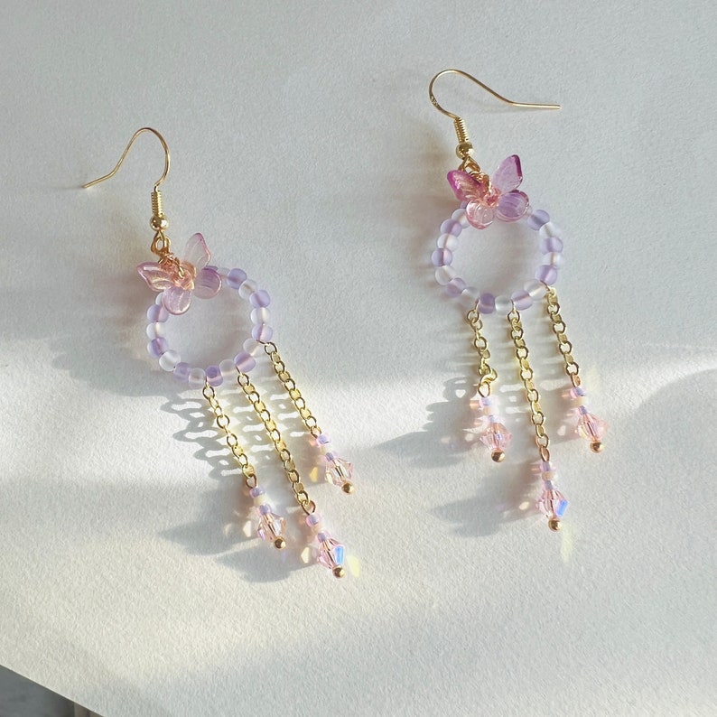 Handmade Purple Butterfly Earring Purple Crystal Earring Fairy Earring Creative Earring Kawaii Earring Purple Dangle Earring image 2