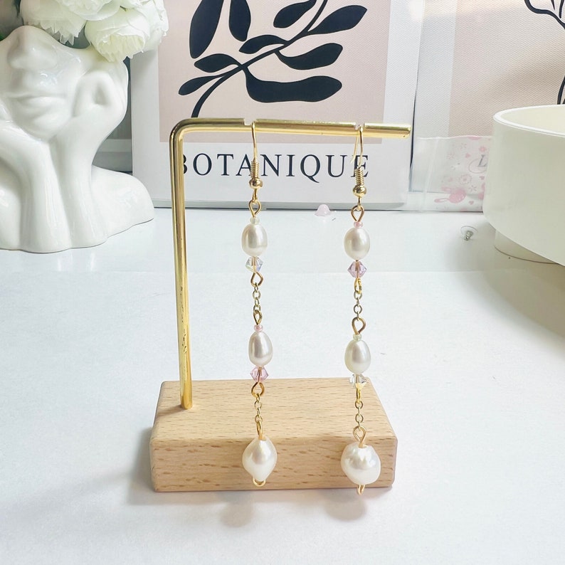 Handmade Crystal Earring Freshwater Pearl Earring Pink Crystal Earring Purple Dangle Earring Blue Drop Earring Pearl Clip On Earring image 8