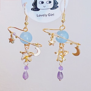 Handmade Creative Aquamarine Planet Earring- Crystal Earring - Star Moon Dangle Earrings -Purple Chalcedony Earrings - Fairy core Earring