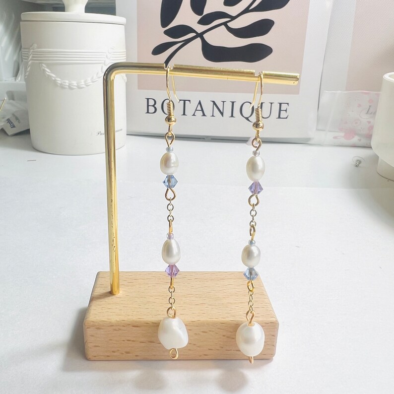 Handmade Crystal Earring Freshwater Pearl Earring Pink Crystal Earring Purple Dangle Earring Blue Drop Earring Pearl Clip On Earring image 6