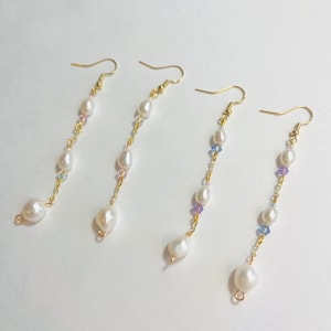 Handmade Crystal Earring Freshwater Pearl Earring Pink Crystal Earring Purple Dangle Earring Blue Drop Earring Pearl Clip On Earring image 2