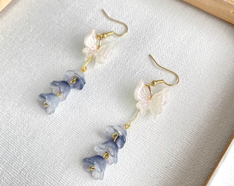 Handmade Creative earring- Grey Bellflower earring - Butterfly earrings dangle  drop earrings - Lily flower drop earrings - Gift to her