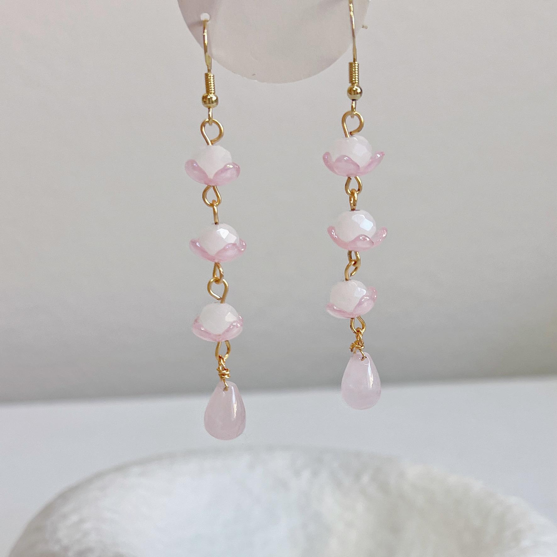 Handmade Creative Floral Earring -Pink Dangle Earring -Fairy Core Earring -Chalcedony Earring -Resin Earring -Blossom Clip-ons -Gift To Her