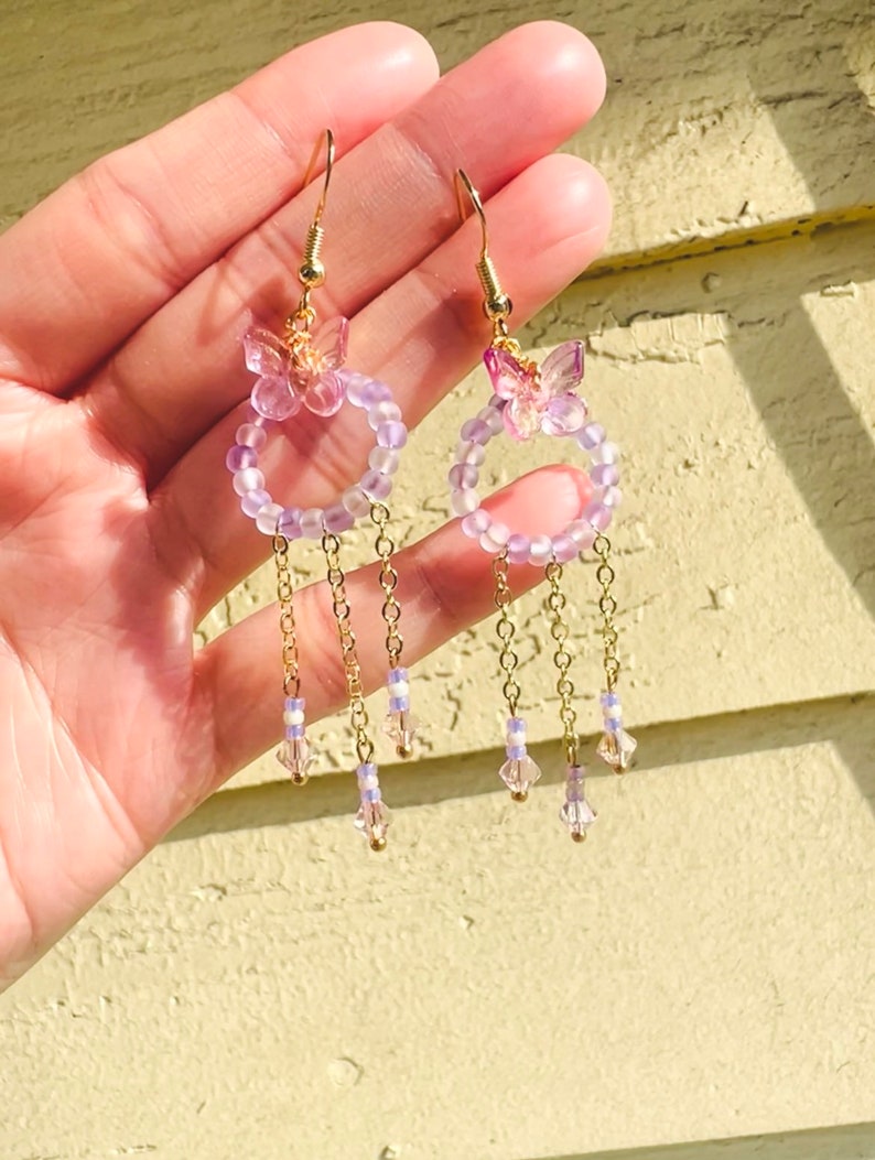 Handmade Purple Butterfly Earring Purple Crystal Earring Fairy Earring Creative Earring Kawaii Earring Purple Dangle Earring image 4