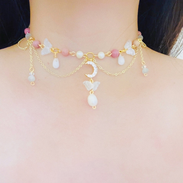 Handmade Creative Rhodochrosite Choker -Fresh Pearl Butterfly Necklace - Y2K Moon Choker-Opal Necklace -Fairycore Necklace-Coquette Necklace