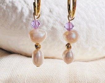 Little Purple-Handmade Creative Earring-Purple Freshwater Pearl Fairycore Earring-Coquette Crystal Hoop -Minimalist Gold Hoop-Gift To Heart