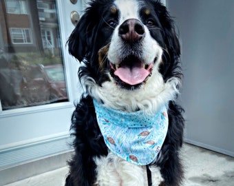 Bandana reversible para mascotas con diseño de tortugas marinas, lindas tortugas coronadas y triángulos verde azulado y gris con botones de presión de plástico. Bandana para perros y gatos.