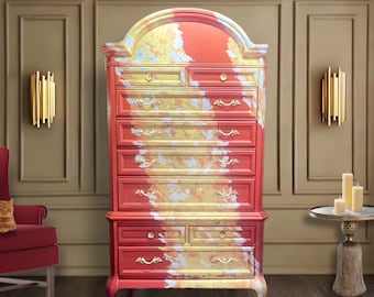 Pending Solid Wood | Dresser | Red | Gold | Tall Boy| Bedroom | Formal | Eclectic | Elegant | Drawers | Antique | Closet Storage