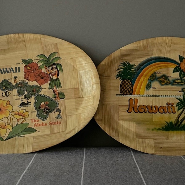 Vintage Bamboo Hawaii Souvenir Travel Collectable Platters