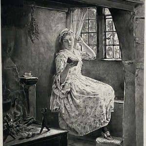 May include: A woman in a white dress with a floral pattern sits by a window reading a book. She is in a room with a fireplace and a shelf with various items on it.