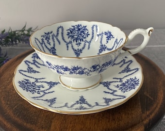 Vintage Coalport Bone China England Blue and White Swag and Gold Teacup and Saucer