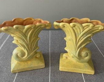 Vintage Gonder USA Yellow Green Glaze Cornucopia Vase Pair MCM Art Nouveau