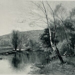 May include: A black and white landscape painting depicting a river flowing through a wooded area. The river is calm and reflective, with trees lining the banks. The sky is overcast, and the overall mood is serene and peaceful.