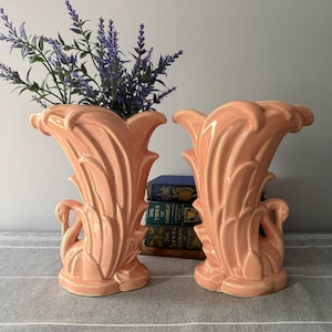 Vintage 1946 McCoy Pottery Pink Swan in Reeds Vases - Matched Pair - Salmon Blush Glaze