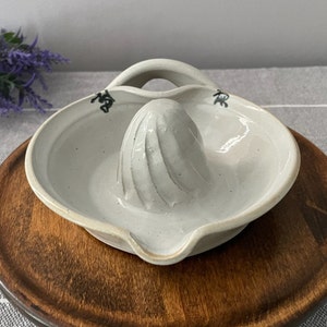 May include: White ceramic citrus juicer with a handle and a textured, ridged surface. The juicer is sitting on a wooden surface.