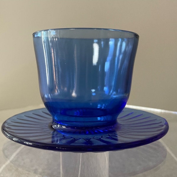 Vintage Macbeth Evans Petalware Cobalt Blue Condiment Dish with Attached Underplate