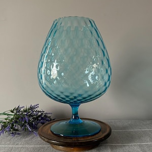 Vintage Empoli MCM Optic Blue Pedestal Hand Blown Glass Bowl Vase 12 Inch *Read