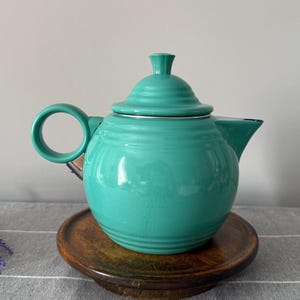 Vintage Fiesta Tea Kettle by Copco Sea Mist Green Enameled Metal *Chip But Clean