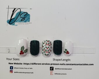 Green and white sweater and Holly press on nail set