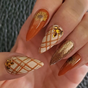 Burnt orange Fall paid Sunflower press on nails set