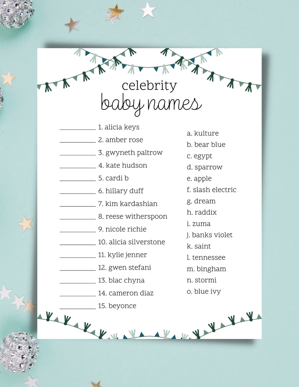 Celebrity Baby Name Printable Baby Shower Game With Green Tassel ...