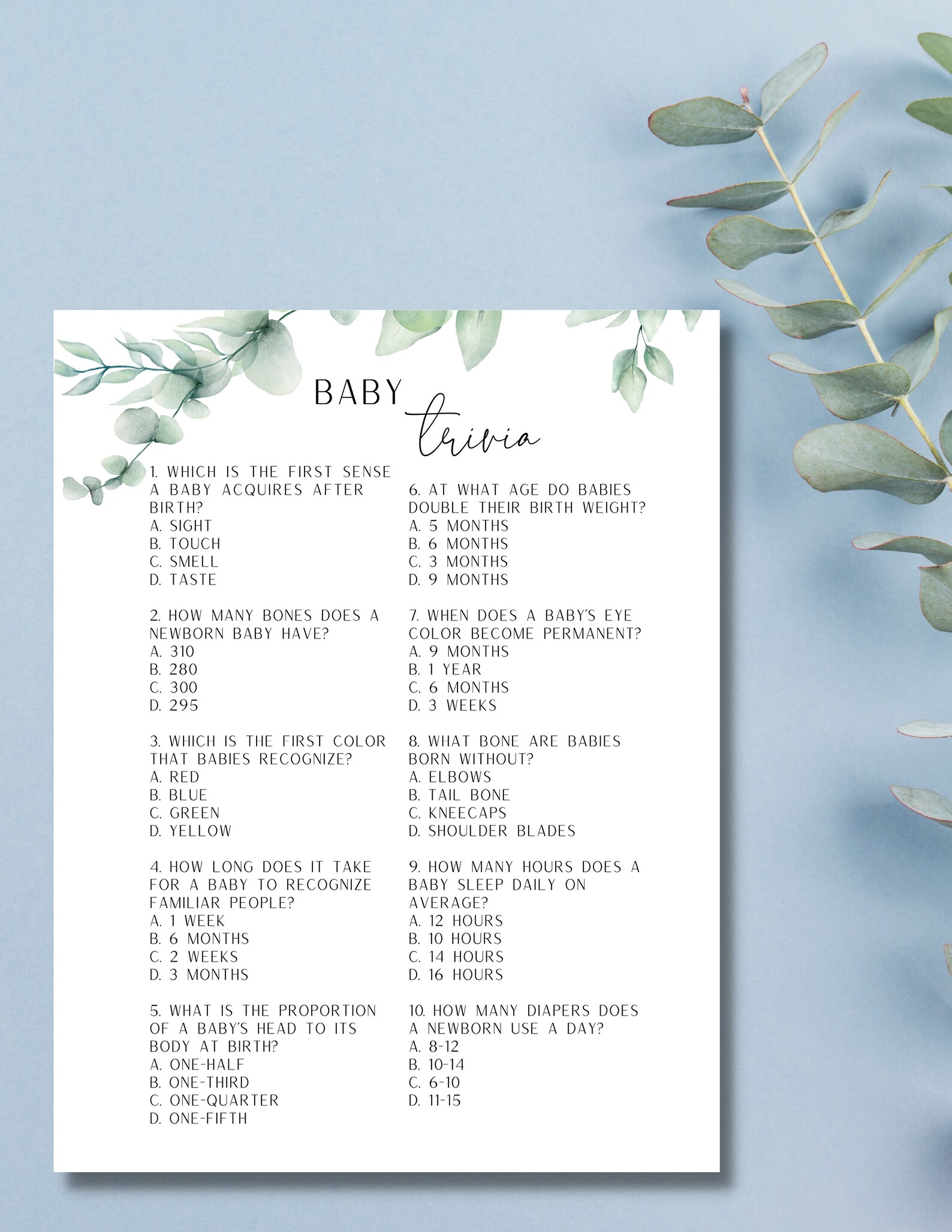 Buy Baby Trivia Printable Baby Shower Game Green Eucalyptus Design 