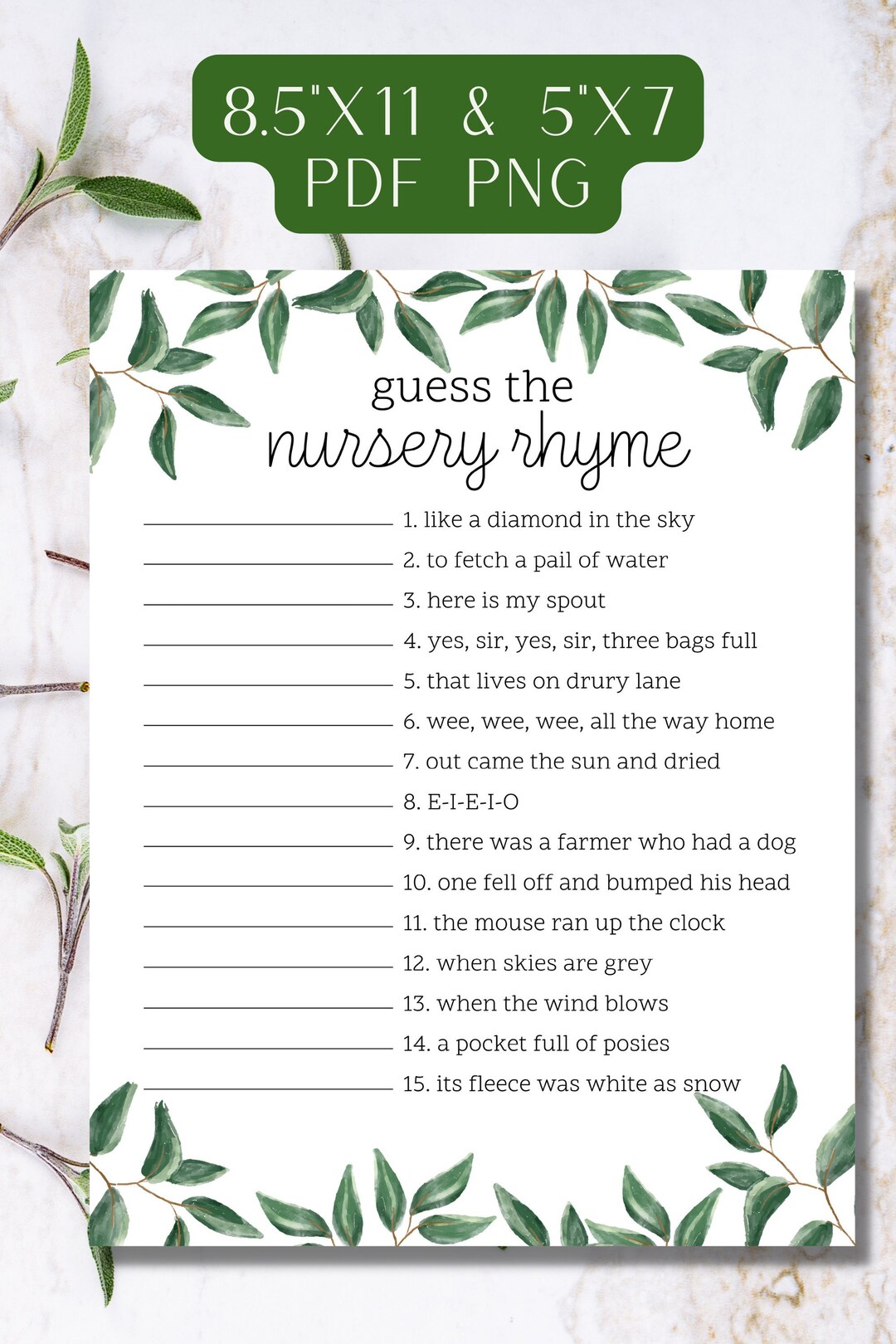 Guess the Nursery Rhyme Printable Baby Shower Game With Watercolor ...