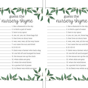 Guess the Nursery Rhyme Printable Baby Shower Game With Watercolor ...