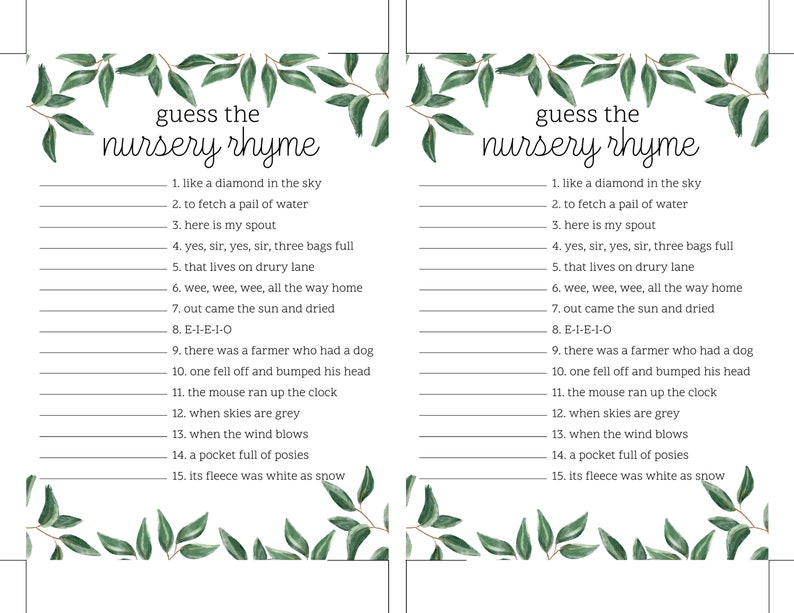 Guess the Nursery Rhyme Printable Baby Shower Game With Watercolor ...