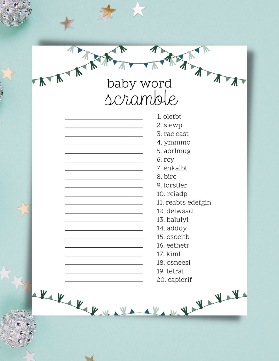 Baby Word Scramble Printable Baby Shower Game With Green Tassel Garland ...