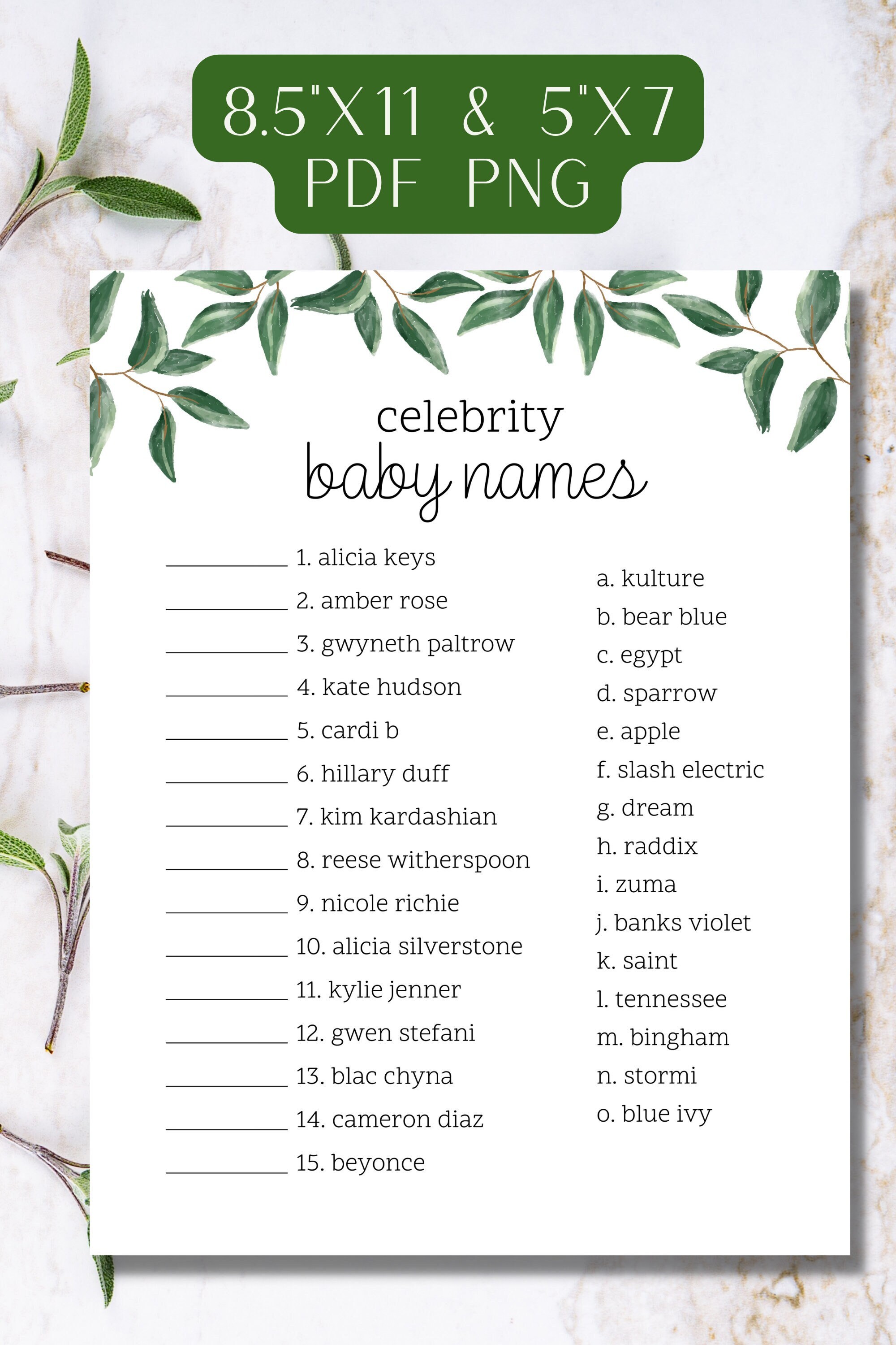 Celebrity Baby Name Printable Baby Shower Game With Watercolor - Etsy ...