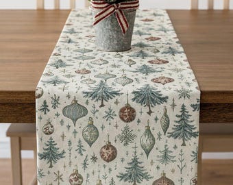 Vintage Christmas Table Runner | Holiday Trees & Ornaments