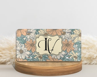Placa de matrícula frontal con monograma floral, etiqueta de coche personalizada