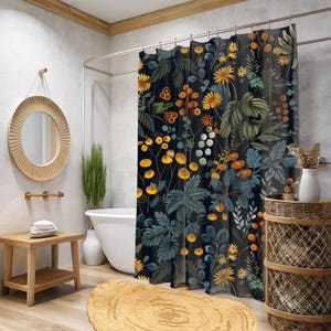 Moody Botanical Shower Curtain, Dark Floral Bathroom Decor, Vintage-Inspired Wildflower & Berry Print, Cottagecore Aesthetic, Boho Home