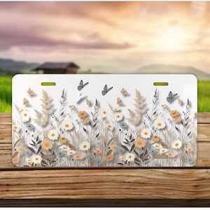 Wildflower License Plate: Boho Car Decor with Butterflies
