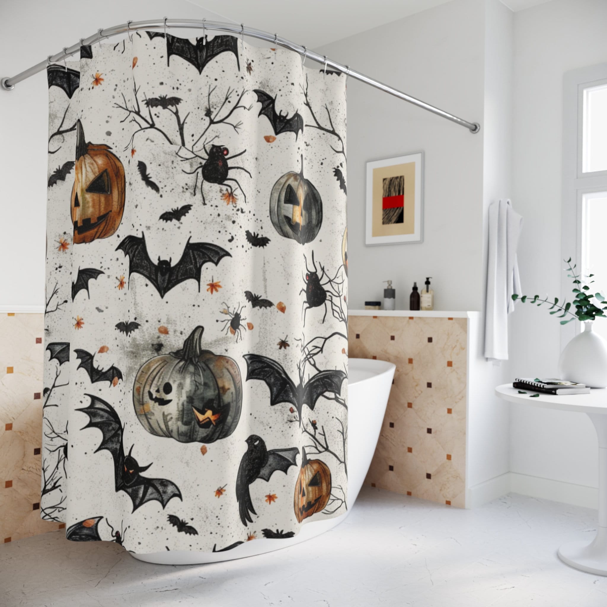 Halloween Shower Curtain/bats and Pumpkins/halloween Decor/halloween