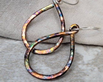 Teardrop Hoop Earrings • Copper Dangle Earrings • Flame Painted Jewelry • Statement Earrings • Hammered Copper Earrings • Handmade Earrings