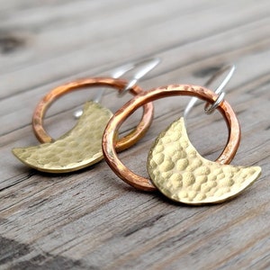 Brass Moon Earrings • Hammered Mixed Metal Dangles • Celestial Boho Jewelry • Handmade Gift For Her • Artisan Statement Earrings