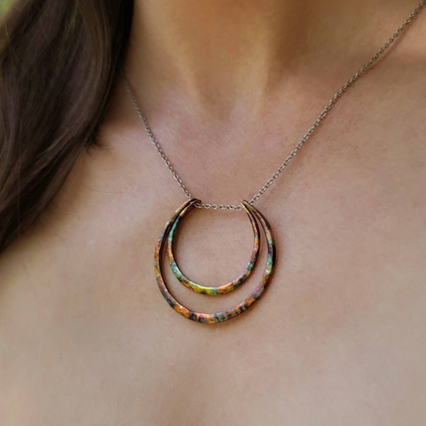 Moon Necklace • Copper Pendant Necklace • Crescent Moon Jewelry • Flame Painted Copper Jewelry