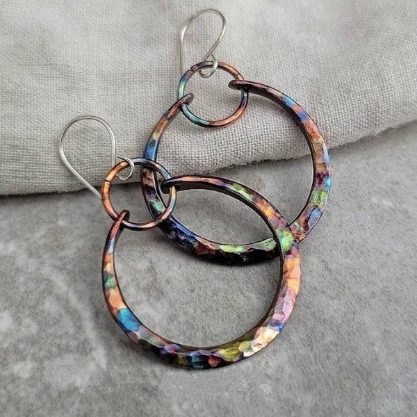 Copper Earrings • Colorful Copper Boho Hoops • Flame Painted Jewelry • Medium Hoop • Hammered Copper Earrings • Statement Earrings