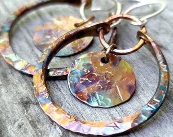 Colorful Copper Dangle Earrings • Flame Painted • Boho Hoops • Medium Hoop • Hammered Copper Earrings • Statement Earrings