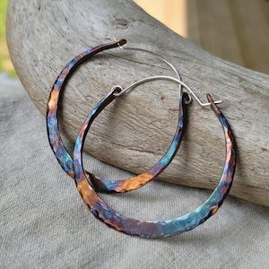 Flame Painted Copper Hoop Earrings • Hammered Boho Jewelry
