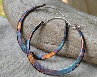 Flame Painted Copper Hoop Earrings • Hammered Boho Jewelry