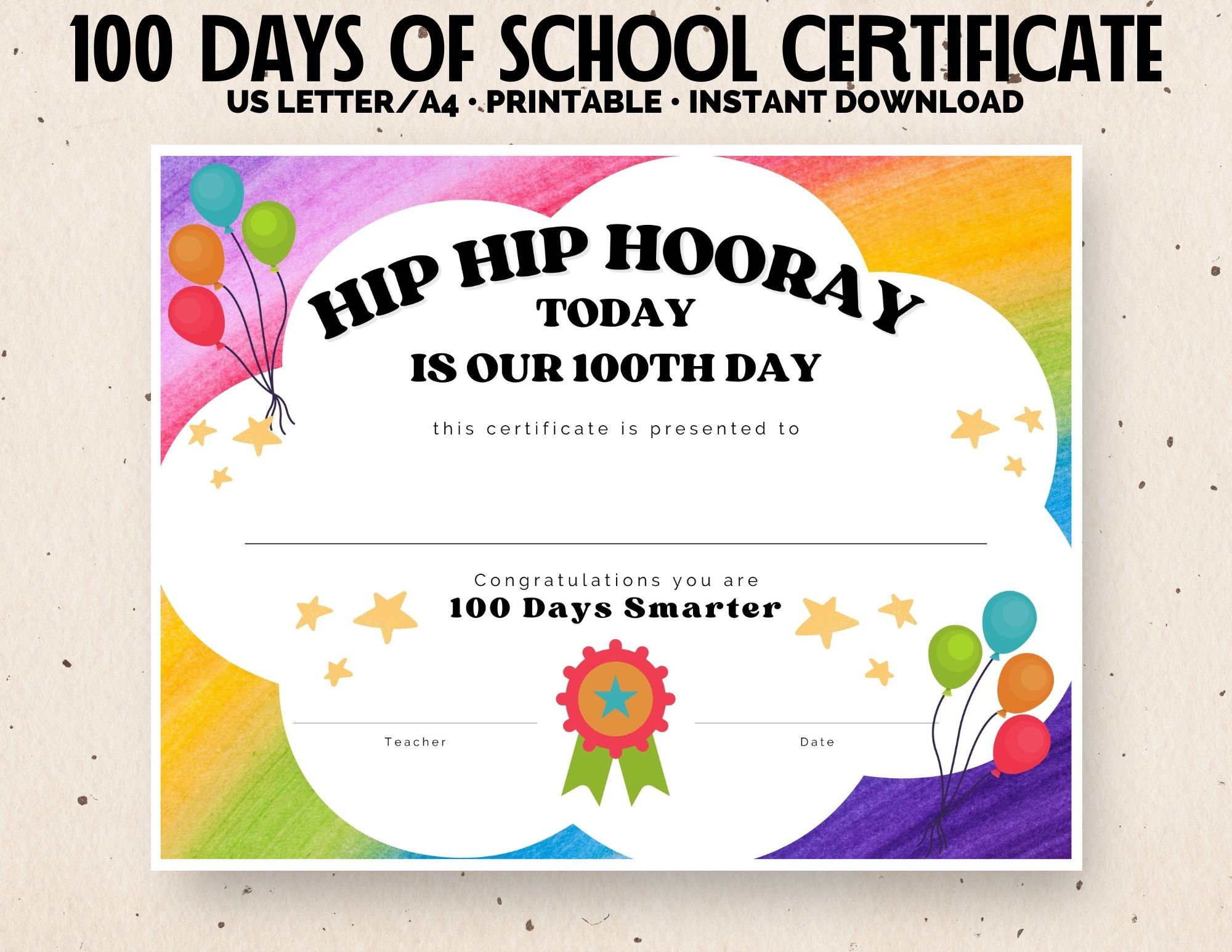100 Days of School Certificate Hip Hip Hooray 100 Days of - Etsy Finland