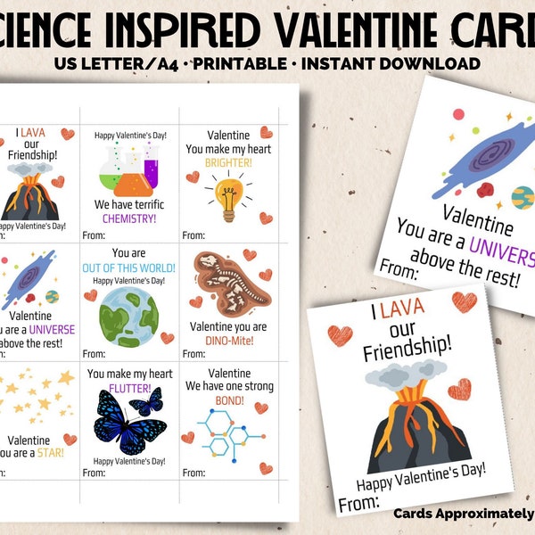 Science Inspired Valentine Cards - Classroom Valentines- Science Valentine - Valentines for Class - Kids Valentines