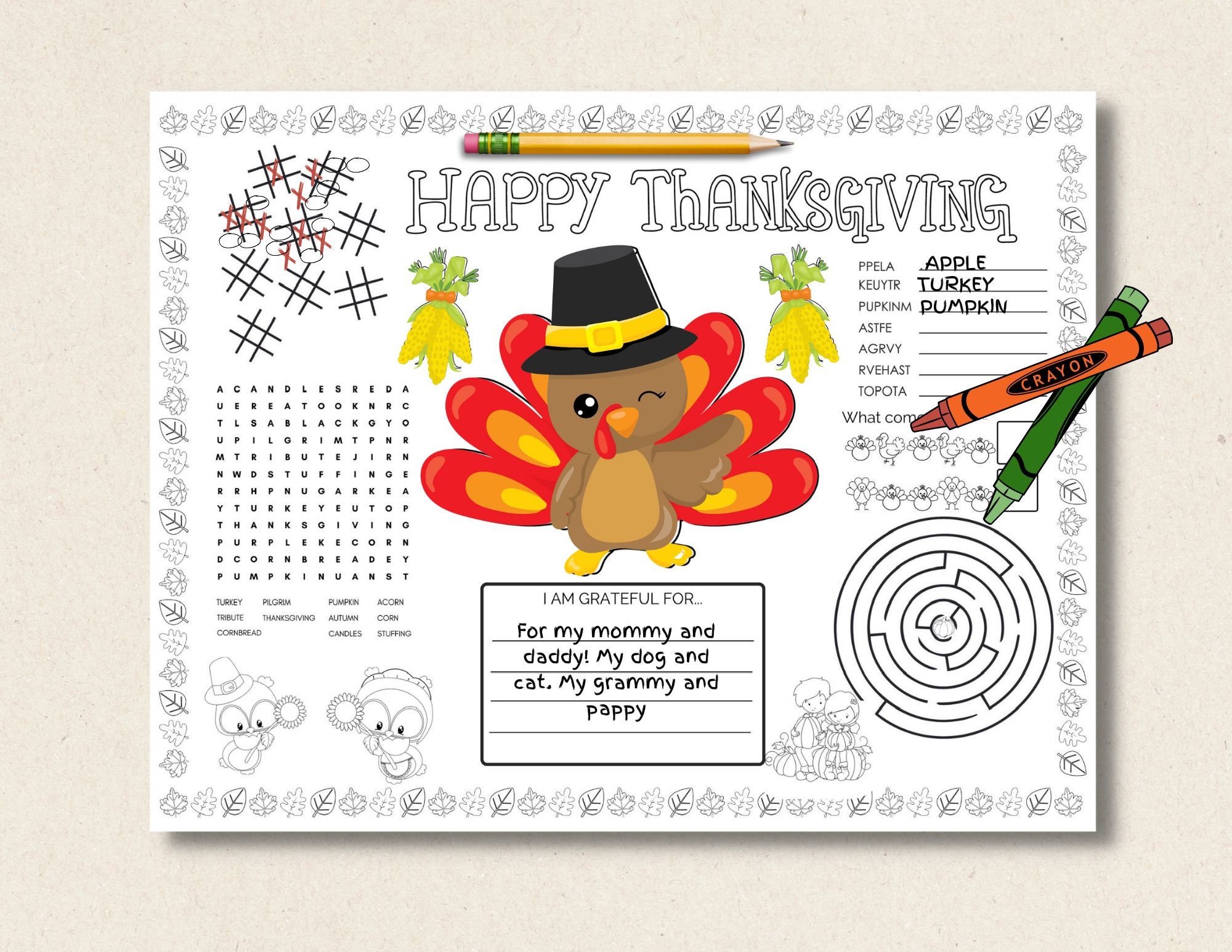 Fall Placemat Kids Placemat Thanksgiving Kids Coloring Placemat