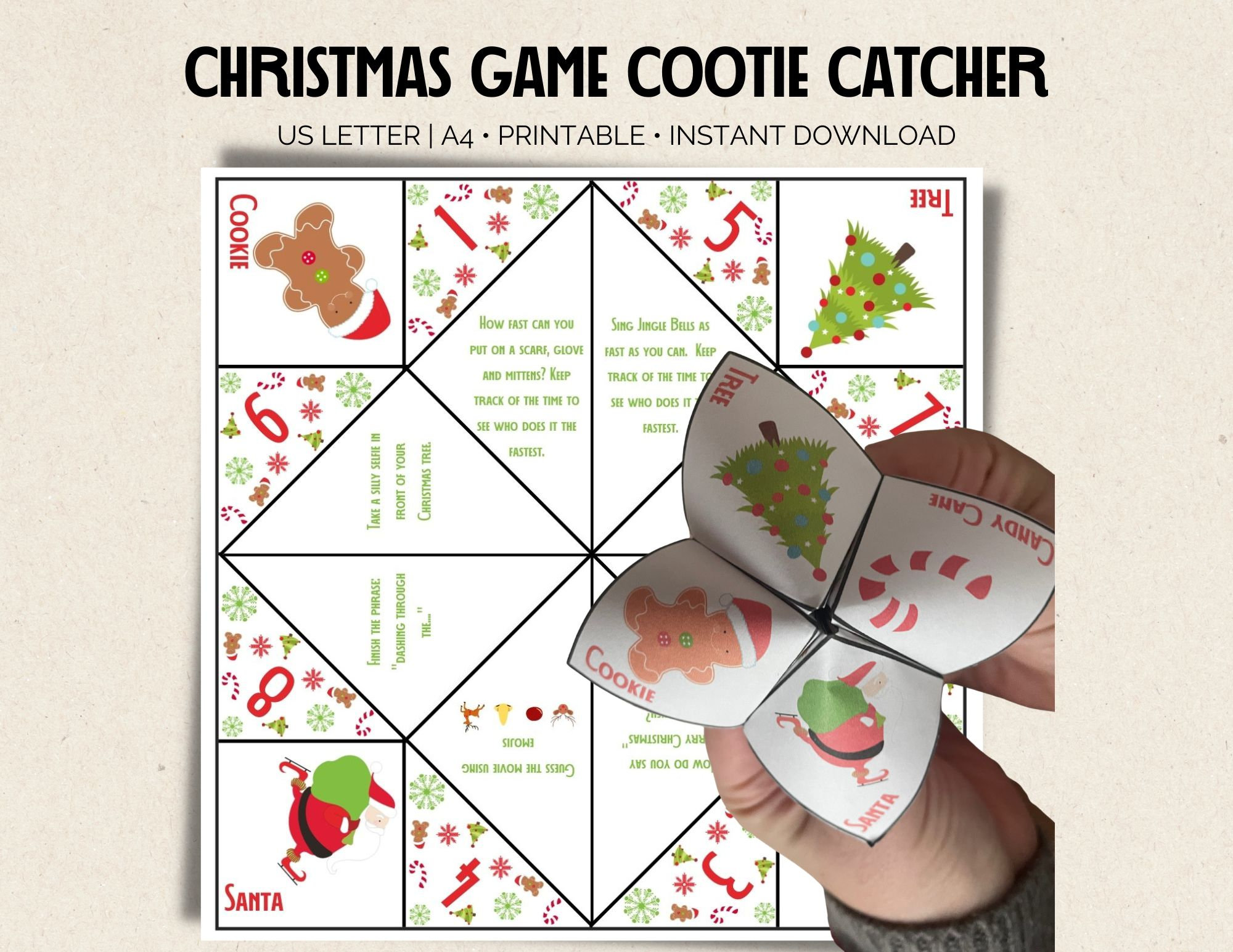 christmas cootie catcher game: holiday fortune teller (printable